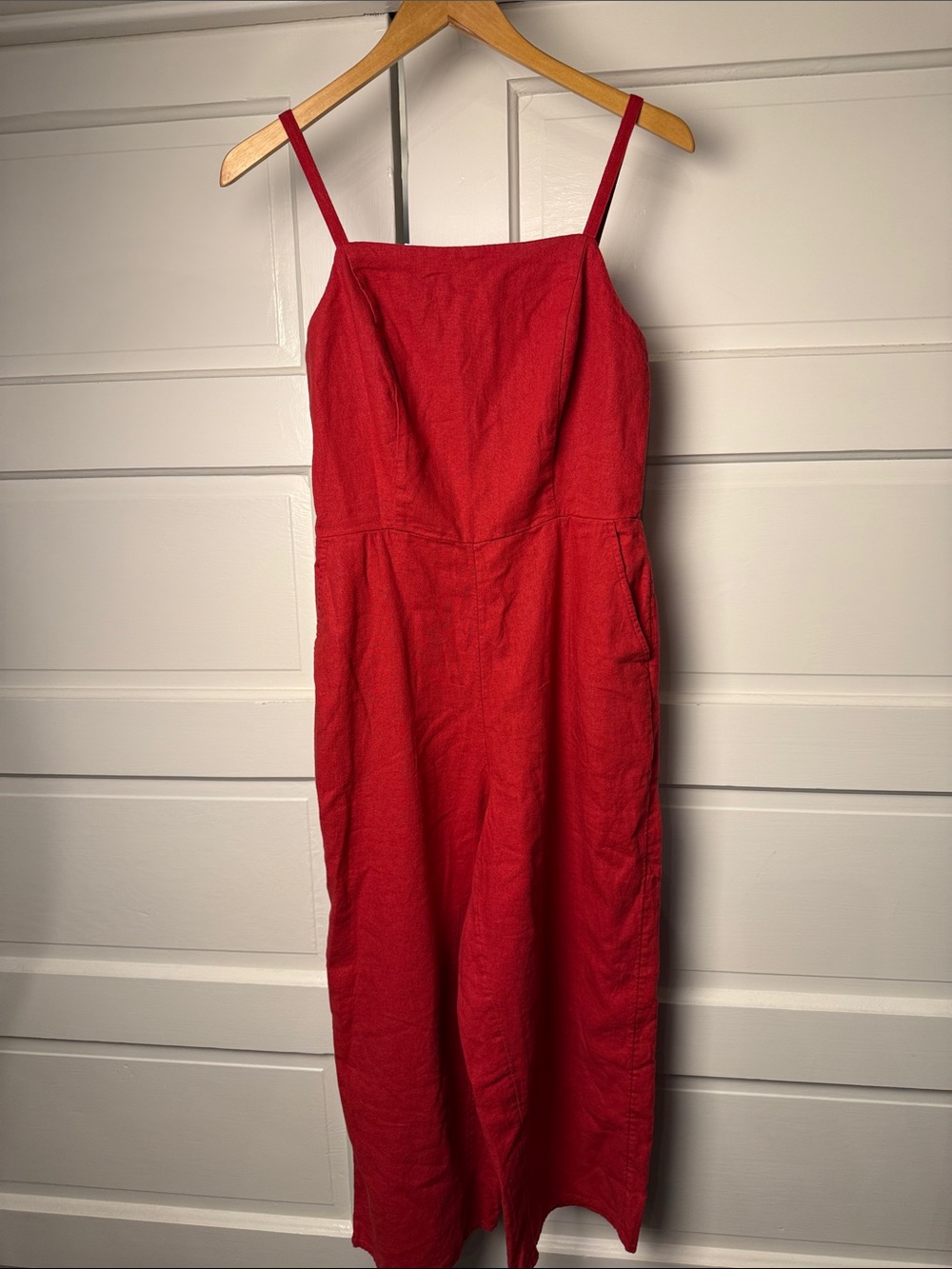 Red Linen Blend Wide Leg Cropped Jumpsuit Old Navy Small Smocked Back Pockets